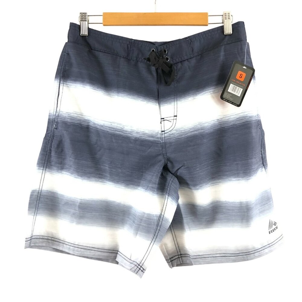 RBX Mens Swim Trunks Striped Gray White Pockets Mesh Elastic Waist Size S